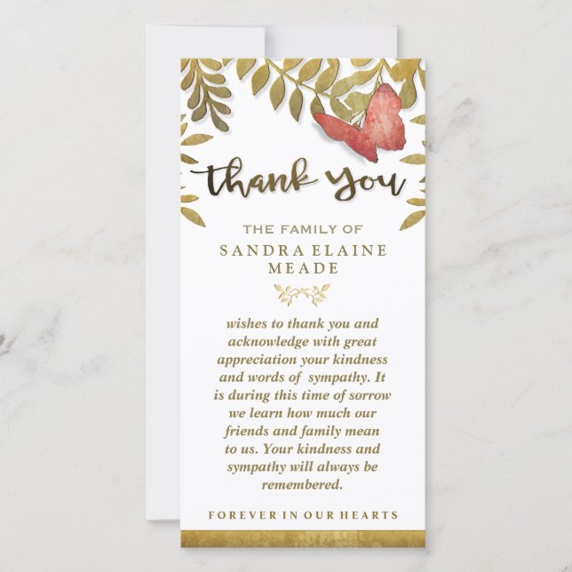 Cartão De Agradecimento Ouro Deixa Borboleta Floral Obrigado Simpatia (Frente)
