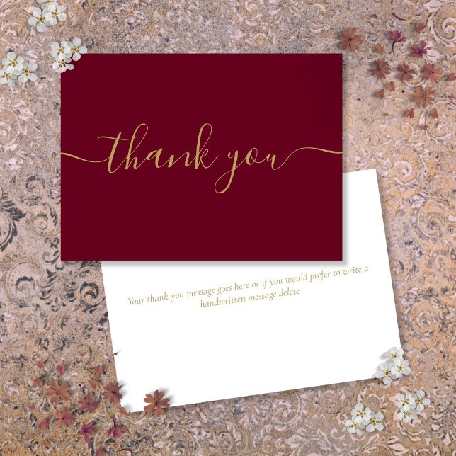 Cartão De Agradecimento Ouro e Burgundy Simples Elegância Moderna em Scrip (Gold And Burgundy Simple Modern Elegant Script Thank You Card)