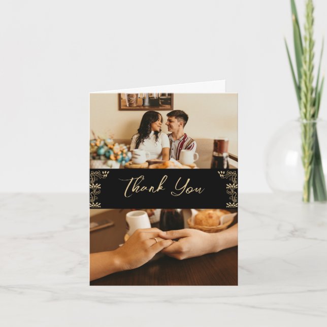 Cartão De Agradecimento Ouro elegante Deco a preto, 2 fotos e casamento T (Frente)