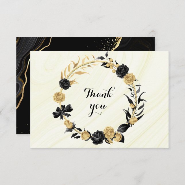 Cartão De Agradecimento ouro elegante e flores pretas coroa botânica (Frente/Verso)
