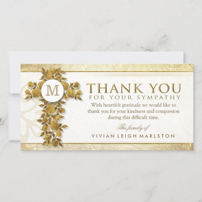 Cartão De Agradecimento Ouro Floral Cross Monograma Obrigado Simpatia (Frente)