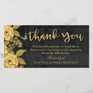 Cartão De Agradecimento Ouro floral da borboleta & obrigado preto você