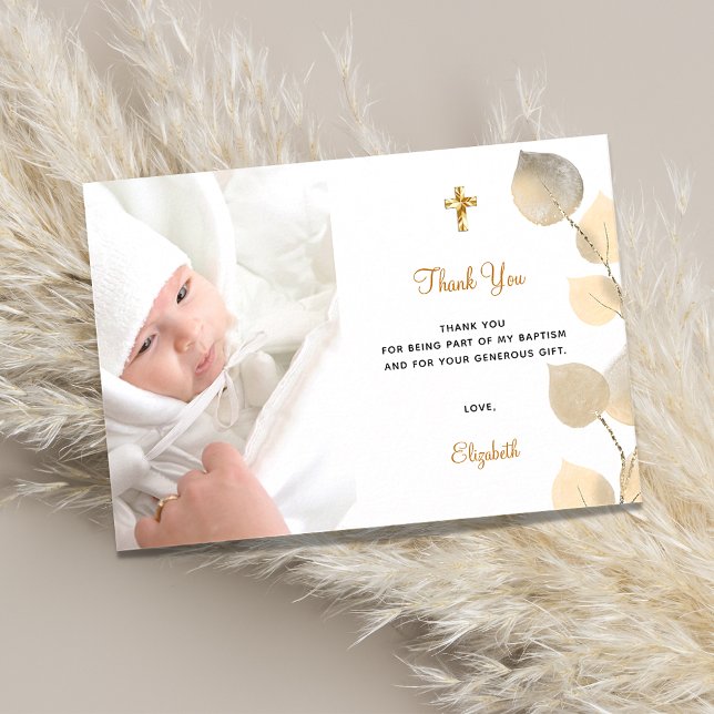 Cartão De Agradecimento Ouro personalizado de fotografia Baptism eucalyptu (Criador carregado)
