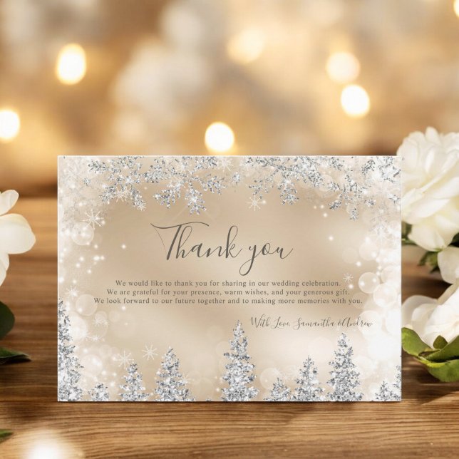 Cartão De Agradecimento Ouro quente Casamento de pinheiro de prata de inve (Chic gold Winter silver snow pine wedding Thank You Card)