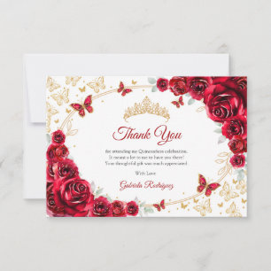 Cartão De Agradecimento Ouro Vermelho Floral Quinceanera