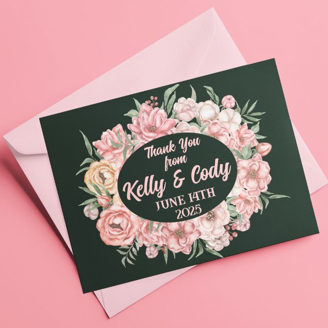 Cartão De Agradecimento Oval da Flor Rosa e Beige no Casamento Verde Profu (Criador carregado)