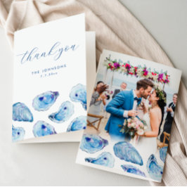 Cartão De Agradecimento Oyster Watercolor Beach Wedding Foto Dobrada