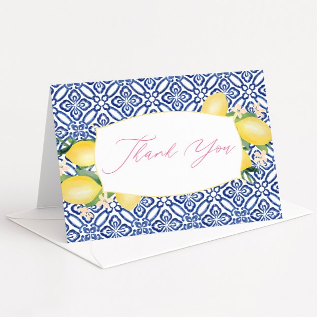 Cartão De Agradecimento Padrão de azulejos brancos e azuis de aquarela de  (Lemons blue tiles bridal shower thank you card)