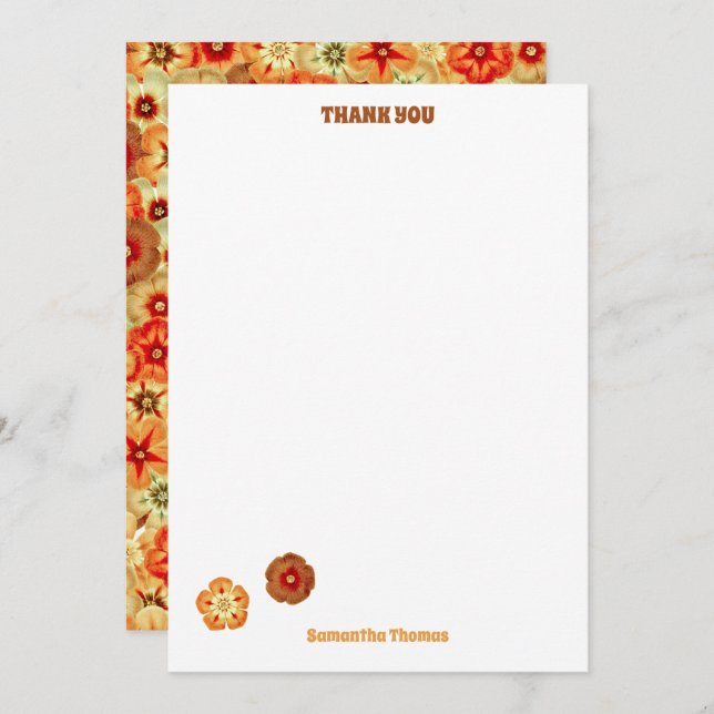 Cartão De Agradecimento Padrão de Flores de Hippie Laranja Retro-Laranja (Frente/Verso)