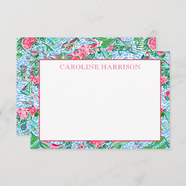 Cartão De Agradecimento Padrão De Praia De Nantucket Preppy Palm Monograma (Frente/Verso)