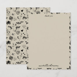 Cartão De Agradecimento Padrão de Tatuagem Desenhada à Mão Preta e bege