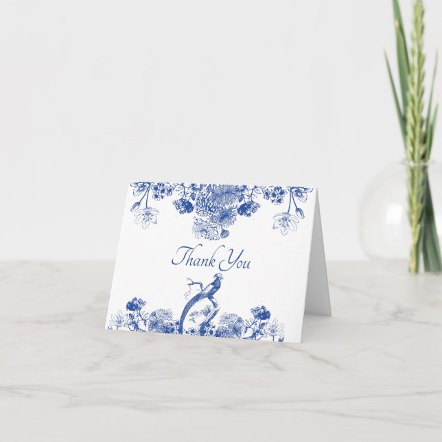 Cartão De Agradecimento Padrão Floral Chinês Azul e Branco com Pássaro (Frente)