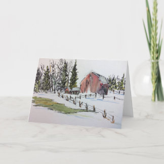 Cartão De Agradecimento Paisagem de Aquarela Vermelha Inverno
