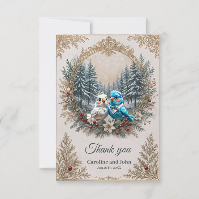 Cartão De Agradecimento Paisagem de inverno com casal de casamento de páss (Frente)
