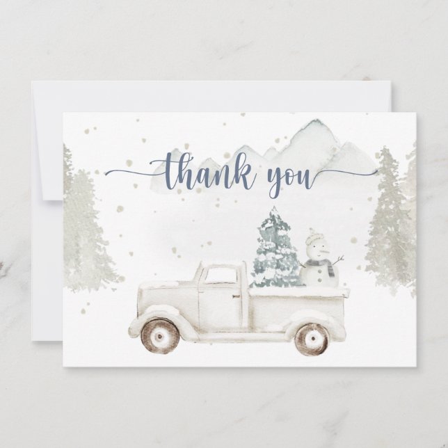 Cartão De Agradecimento Paisagem Invernal, Animais sob a Neve e Caminhão (Frente)