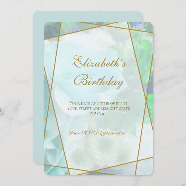 Cartão De Agradecimento Pale Teal Rose Garden Birthday Invitation Card (Frente/Verso)