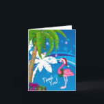 Cartão De Agradecimento Palm Trees Santa Flamingo Holiday Beach Thank You<br><div class="desc">This winter holiday thank you card features palm trees decorated with Christmas lights and a flamingo wearing a Santa hat set against a cool blue and white abstract beach background.  
Some graphics by artwork&@delightful-doodles.com</div>