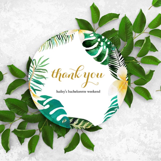 Cartão De Agradecimento Palma Tropical Deixa A Terra Muito Obrigado Mensag (Chic tropical palm leaves bachelorette weekend circle thank you card for guests.)