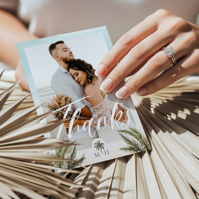 Cartão De Agradecimento Palma Tropical Deixa Uma Árvore De Palma Fotográfi (Tropical Palm Leaves Photo Palm Tree Monogram Thank You Card)