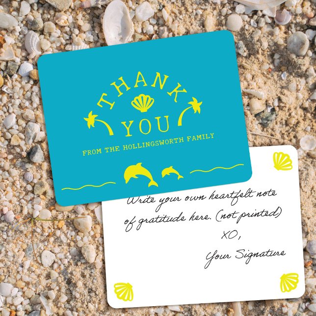Cartão De Agradecimento Palms & Dolphins Teal & Yellow Personalized (Criador carregado)