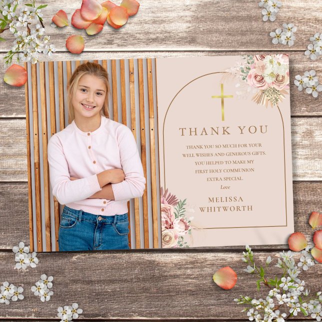 Cartão De Agradecimento Pampas Douradas, Rosa-Rosa, Grama, Primeira Comunh (Blush Pink Gold Pampas Grass First Holy Communion Thank You Card)