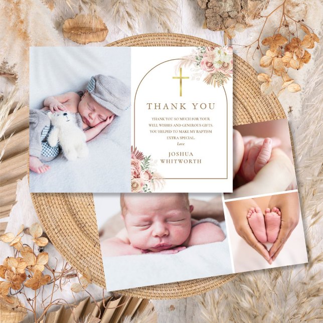 Cartão De Agradecimento Pampas Grass Floral Photo Collage Baptism (Pampas Grass Floral Photo Collage Baptism Thank You Card)