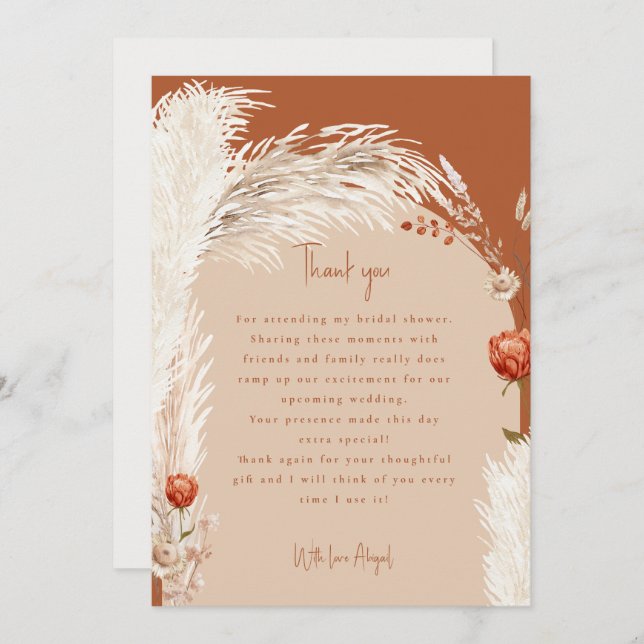 Cartão De Agradecimento Pampas Terracota Obrigado por Comparecer ao Chá de (Frente/Verso)