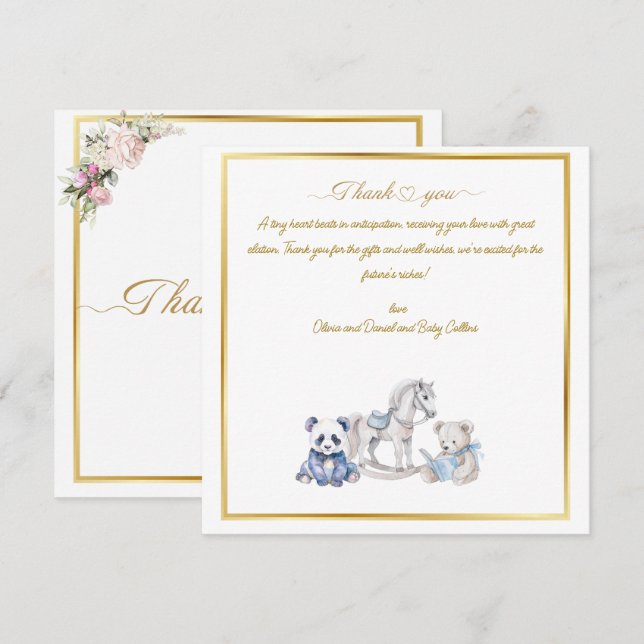 Cartão De Agradecimento Panda bebê personalizado com cavalo mecânico (Frente/Verso)