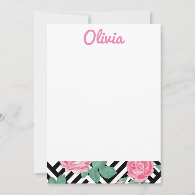 Cartão De Agradecimento Papel de carta Floral Preto e Rosa (Frente)