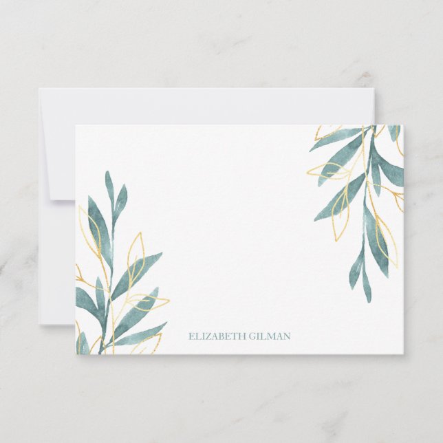 Cartão De Agradecimento Papel de Carta Personalizado Floral Verde Dourado (Frente)