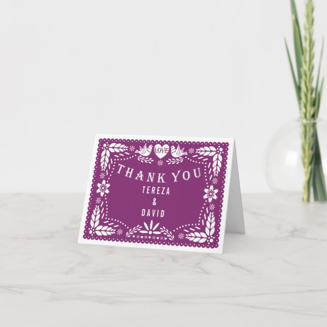 Cartão De Agradecimento Papel picado ama pássaros casamento roxo Obrigado (Frente)