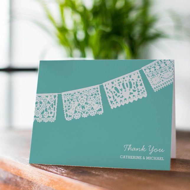 Cartão De Agradecimento Papel Picado Aqua | Wedding Thank You Card (Criador carregado)