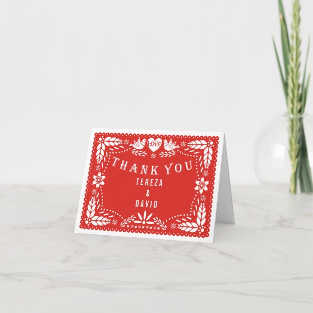 Cartão De Agradecimento Papel picado love birds red wedding Thank You (Frente)