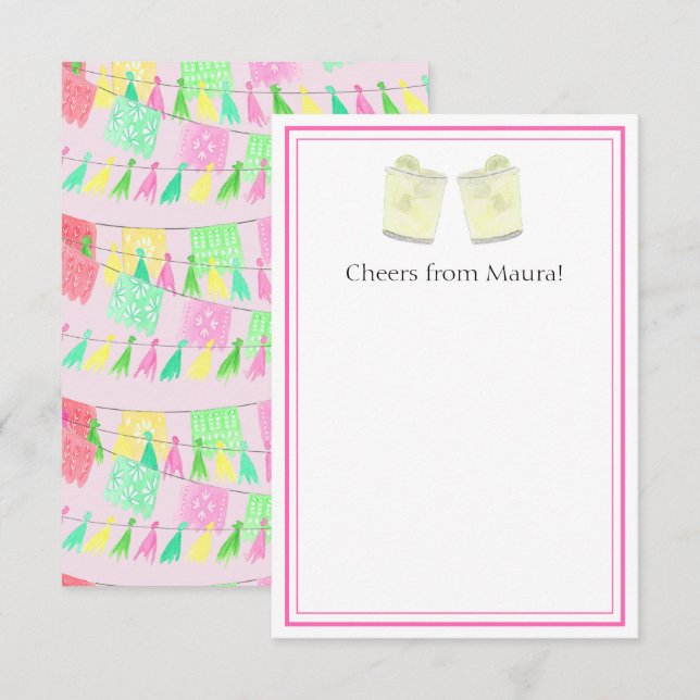 Cartão De Agradecimento Papel Picado Personalizado com Borlas Rosa e Verde (Frente/Verso)