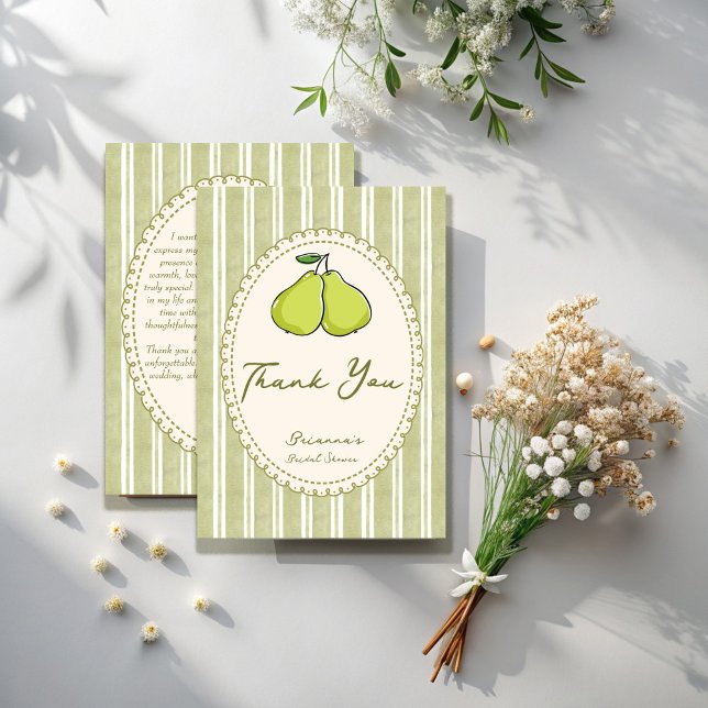 Cartão De Agradecimento Par perfeito chá de noiva de listras verdes sálvia (Perfect pair sage green stripes vintage retro pear bridal shower thank you cards)