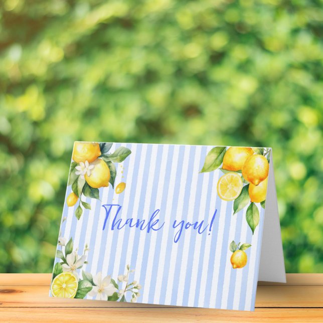 Cartão de Agradecimento para Chá de Bebê Blue Stri (Ciao Baby Blue Stripe Lemons Baby Shower Thank you card)
