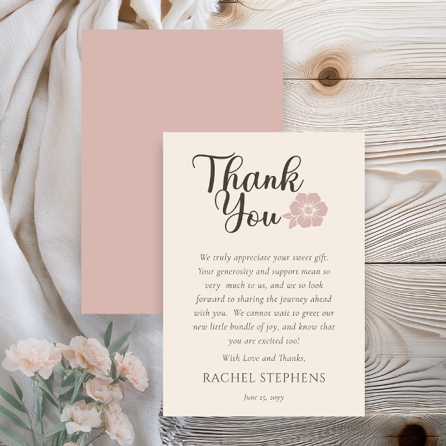 Cartão de Agradecimento para Chá de Bebê Botânico  (Elegant botanical baby shower thank you card with pink floral accent on neutral background )