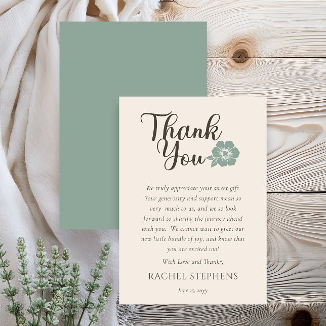 Cartão de Agradecimento para Chá de Bebê Botânico  (Elegant botanical baby shower thank you card with sage green floral accent on neutral background)