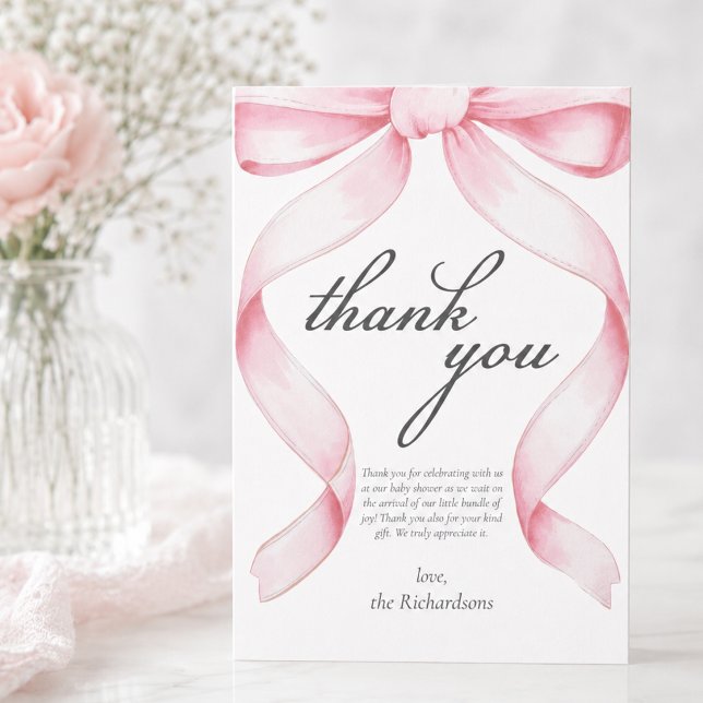 Cartão de Agradecimento para Chá de Bebê com Laço  (cute custom pink coquette bow baby shower thank you card)