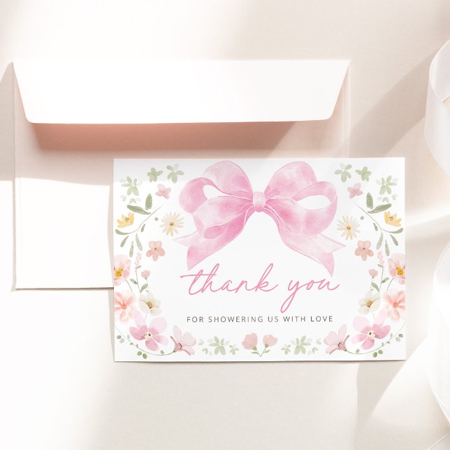 Cartão de Agradecimento para Chá de Bebê Floral co (Pink Bow Floral Baby Shower Thank You Card, Blush Pink Floral Thank You Note, Watercolor Flowers)