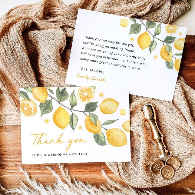 Cartão de Agradecimento para Chá de Bebê Little Le (Little Lemon Baby Shower Thank You Card, watercolor yellow lemon citrus front and back card)