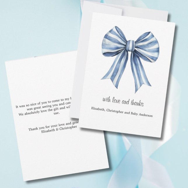 Cartão de Agradecimento para Chá de Bebê Menino co (Blue Bow Baby Shower Thank you card. Classic and Elegant. With Love and Thanks)