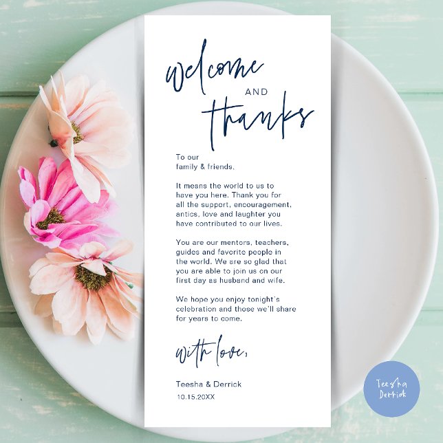 Cartão de Agradecimento para Configuração de Janta (Modern Casual Wedding Dinner Place Setting Thank You Card in navy blue)