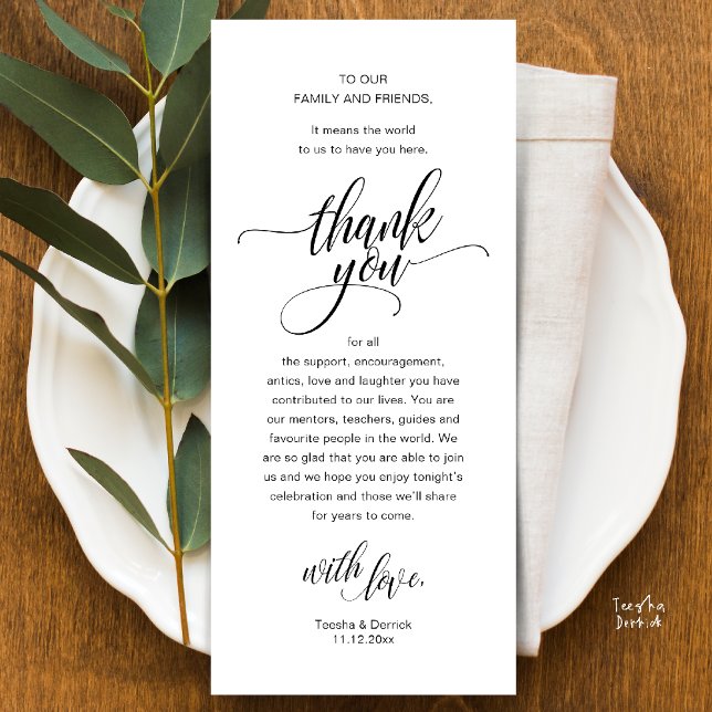 Cartão de Agradecimento para Configuração do Local (Modern Script Wedding Guest Dinner Reception Brunch Lunch Thank You Card in Black and White)