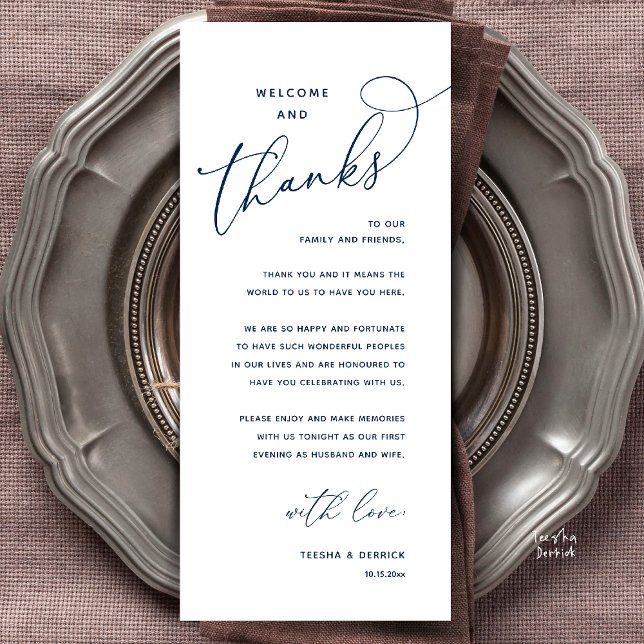 Cartão de Agradecimento para Jantar de Casamento,  (Welcome and Thanks, Happily Ever After Modern Wedding Dinner Thank You Card in Classy Navy Blue)