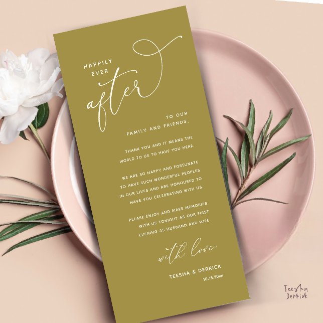 Cartão de Agradecimento para Jantar de Casamento F (Welcome and Thanks, Happily Ever After Modern Wedding Dinner Thank You Card in Classy Yellow Gold)
