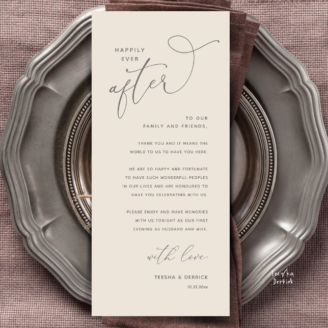Cartão de Agradecimento para Jantar de Casamento F (Welcome and Thanks, Happily Ever After Modern Wedding Dinner Thank You Card in Classy Cream Grey)