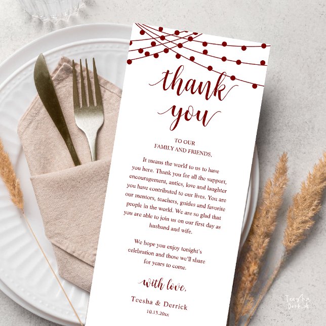 Cartão de Agradecimento para Jantar de Casamento R (Modern Rustic Wedding Dinner Thank You Card Reception Reception String Lights Burgundy Wine Red)