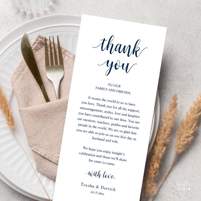 Cartão de Agradecimento para Jantar de Casamento R (Modern Rustic Wedding Dinner Thank You Card Reception Lunch Brunch Reception in Navy Blue)