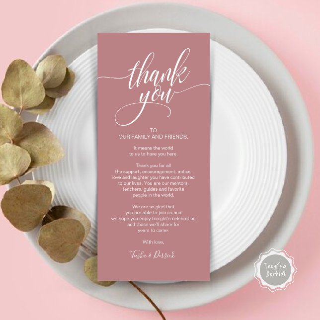Cartão de agradecimento para jantar de ensaio (Wedding Dinner Place Setting Thank You Card, Modern Classy Elegant Script, Dusty Rose Pink)